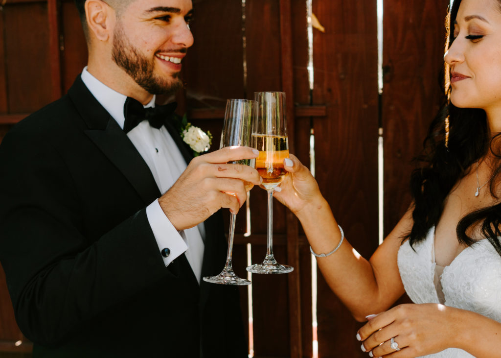 Bride and groom toasting champagne flutes.