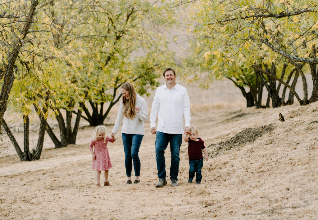 Family walking along holding hands in the park.