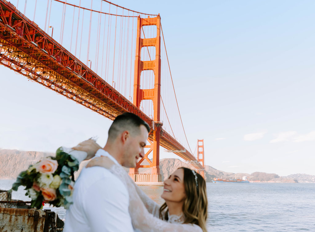 Newlyweds at Fort Point in San Francisco