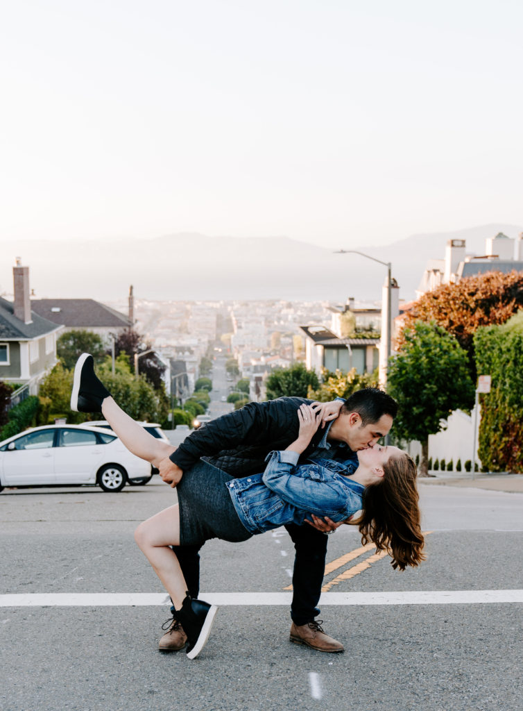 Couple dip kissing in San Francisco.