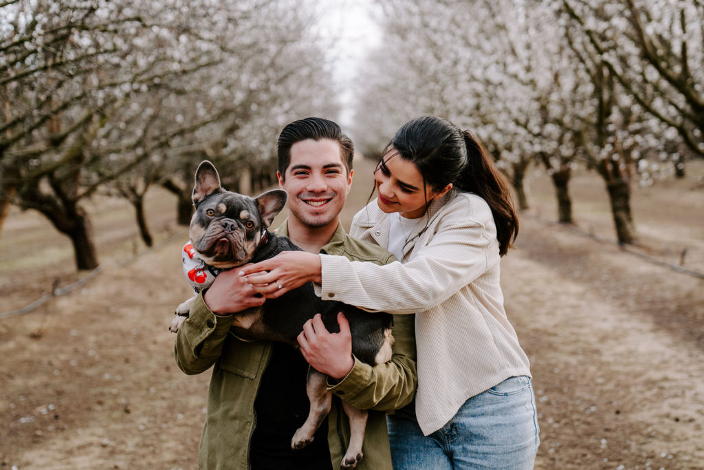 couple with dog during their almond blossom photoshoot