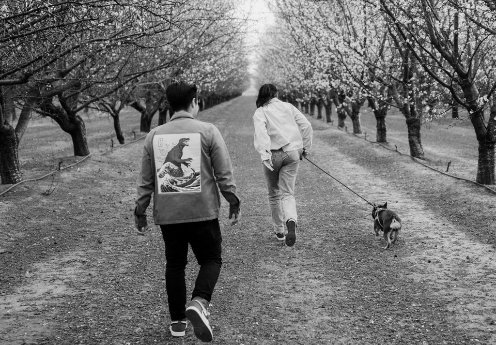 couple running through almond blossoms